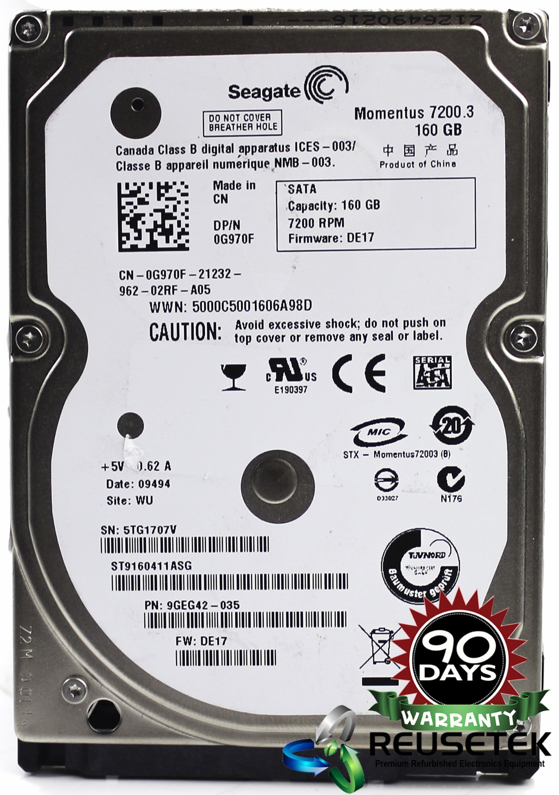 100506-SN12128254-Seagate ST9160411ASG P/N: 9GEG42-035 160GB 2.5" Laptop SATA Hard Drive -image