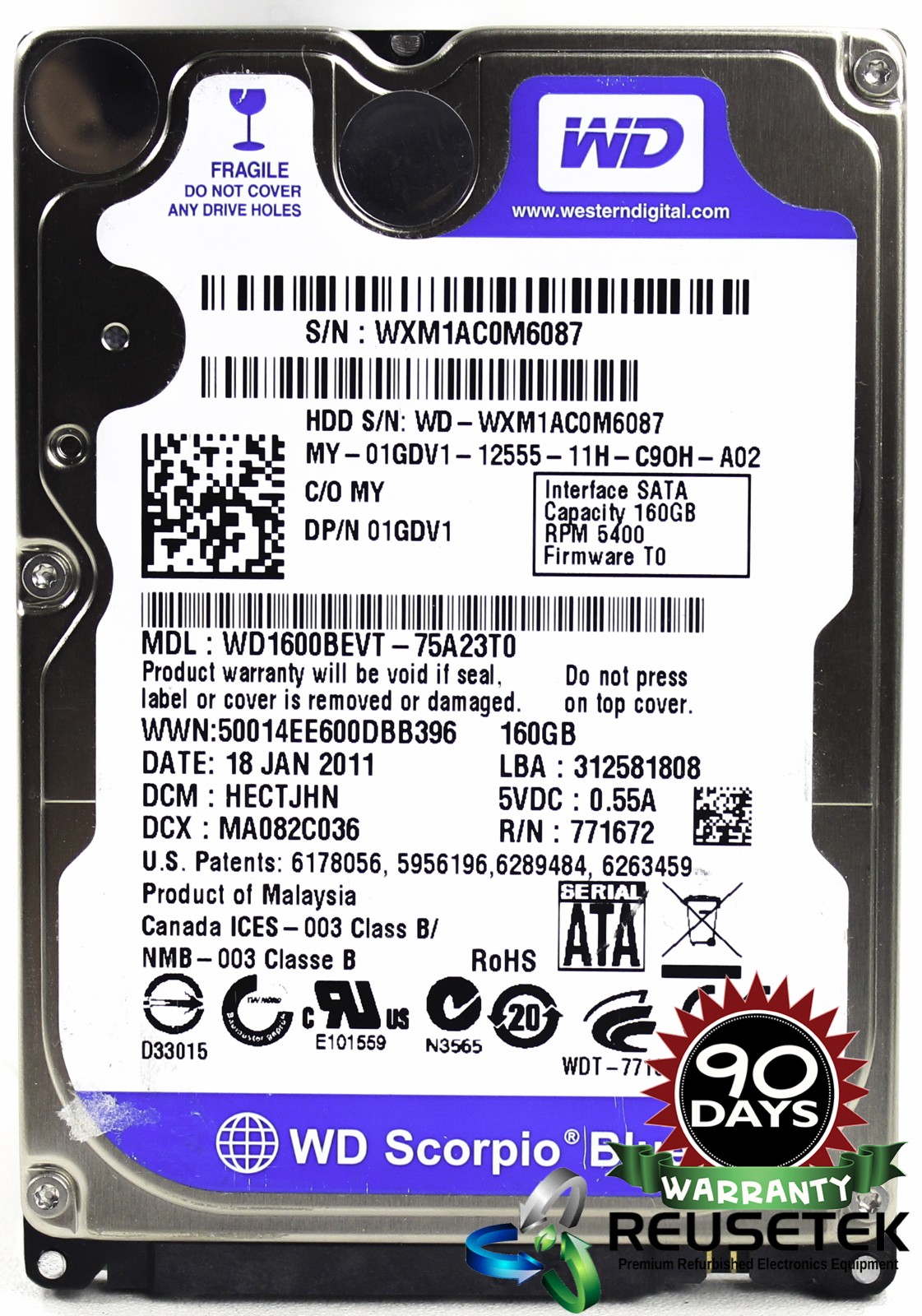 100641-SN12354346-Western Digital WD1600BEVT-75A23T0 DCM: HECTJHN 160GB 2.5" Laptop Sata Hard Drive-image