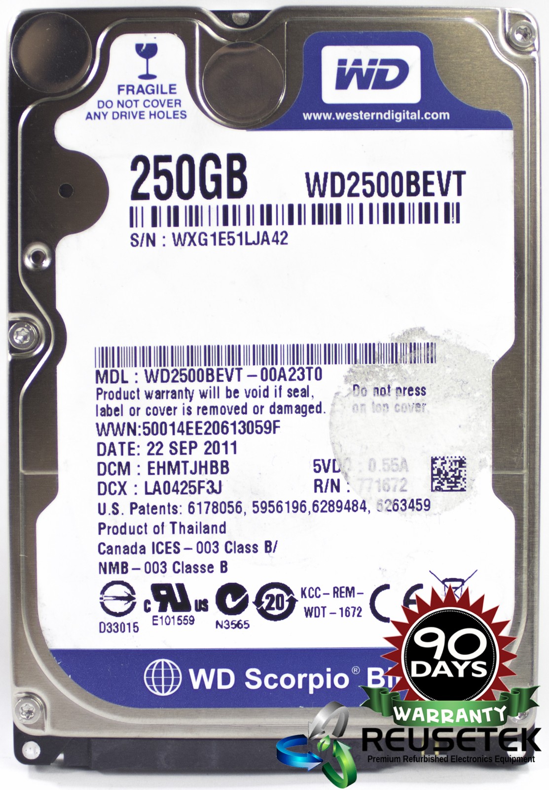 100548-SN12421132-Western Digital WD2500BEVT-00A23T0 DCM: EHMTJHBB 250GB 2.5" Laptop Sata Hard Drive-image