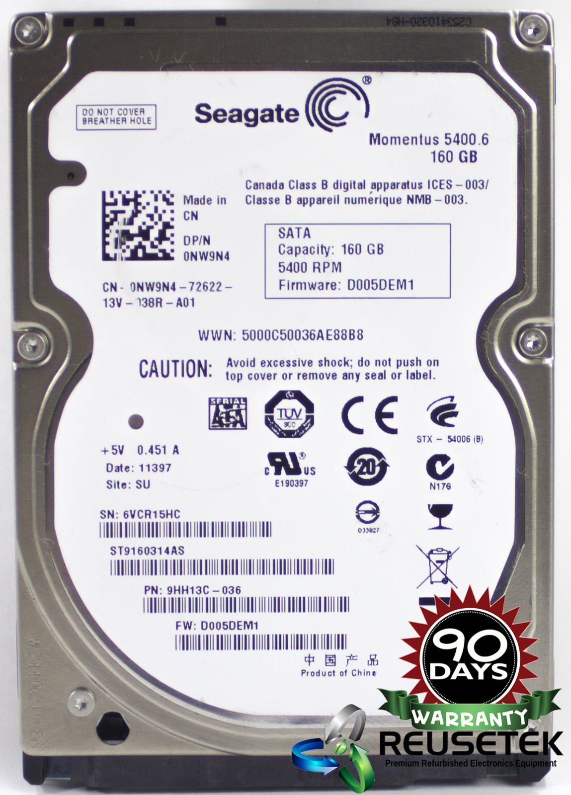 100845-SN12582379-Seagate ST9160314AS P/N: 9HH13C-036 160GB 2.5" Laptop SATA Hard Drive -image