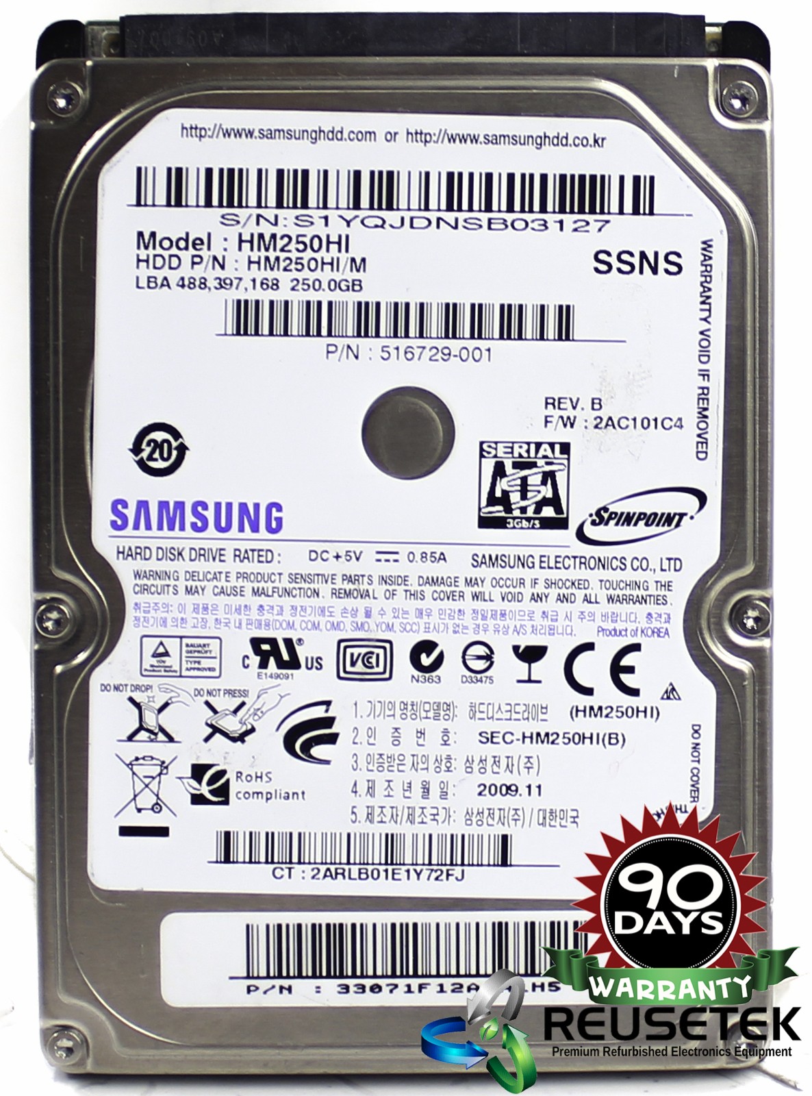 5000317696080119-SN12277515-Samsung HM250HI P/N: HM250HI/M 250GB 2.5" Laptop Sata Hard Drive-image